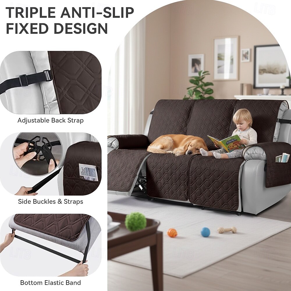 100% voděodolný prošívaný potah na polohovací pohovku pro 3 osoby, 1 kus, pratelný potah na polohovací pohovku, protiskluzový chránič nábytku s elastickými popruhy a kapsou pro psy, domácí mazlíčky, čokoláda 2026 - $95.99 –P6