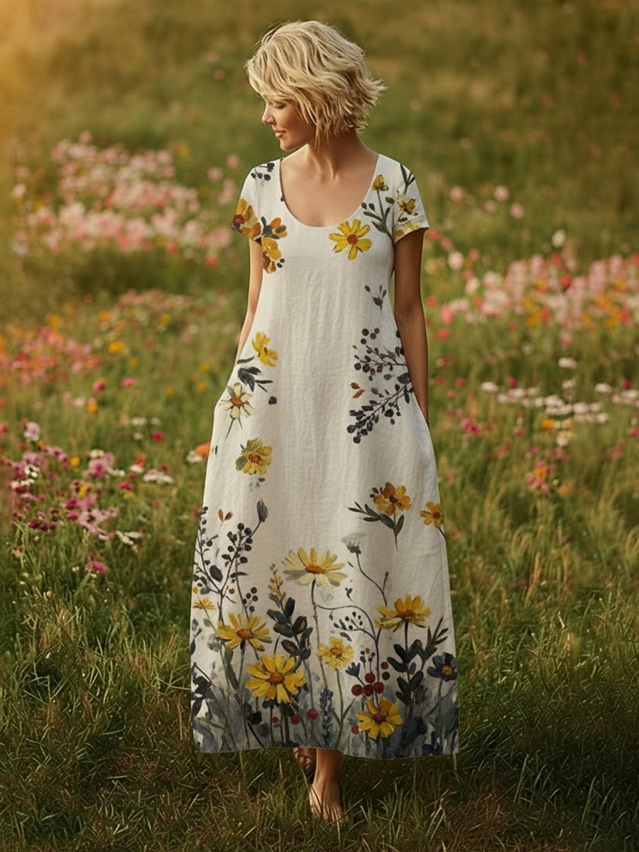 Mulheres Vestido maxi longo Vestido Boho Vestido casual Vintage Diário Ao ar livre Praia Ajuste Largo Floral Manga Curta Decote U Bege Verão Primavera de 2026 por $28.99 –P1