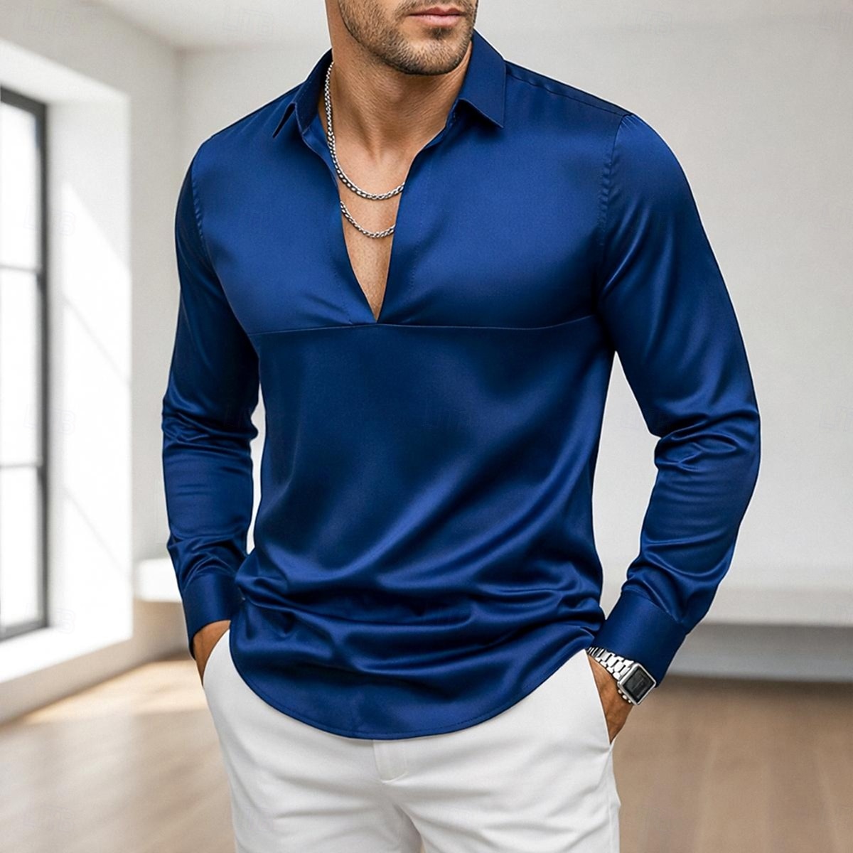 Муж. Рубашка Атласная рубашка Повседневная рубашка Кнопка рубашка Выпускная рубашка Pullover Полотняное плетение Для вечеринок Свадьба Черный Темно синий Длинный рукав V-образный вырез 2026 - $25.99 –P6