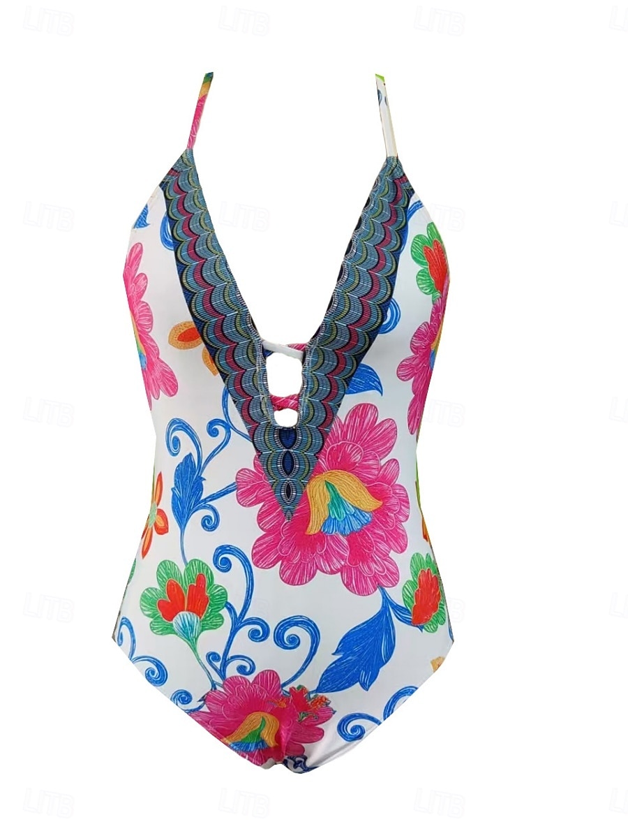 Mujer Bañadores Una pieza Monokini Traje de baño Control de barriga Alta cintura Delgado Espalda al Aire Vacaciones Ropa de playa Floral Escote en Pico Sin Mangas Trajes de baño 2026 - $25.99 –P11