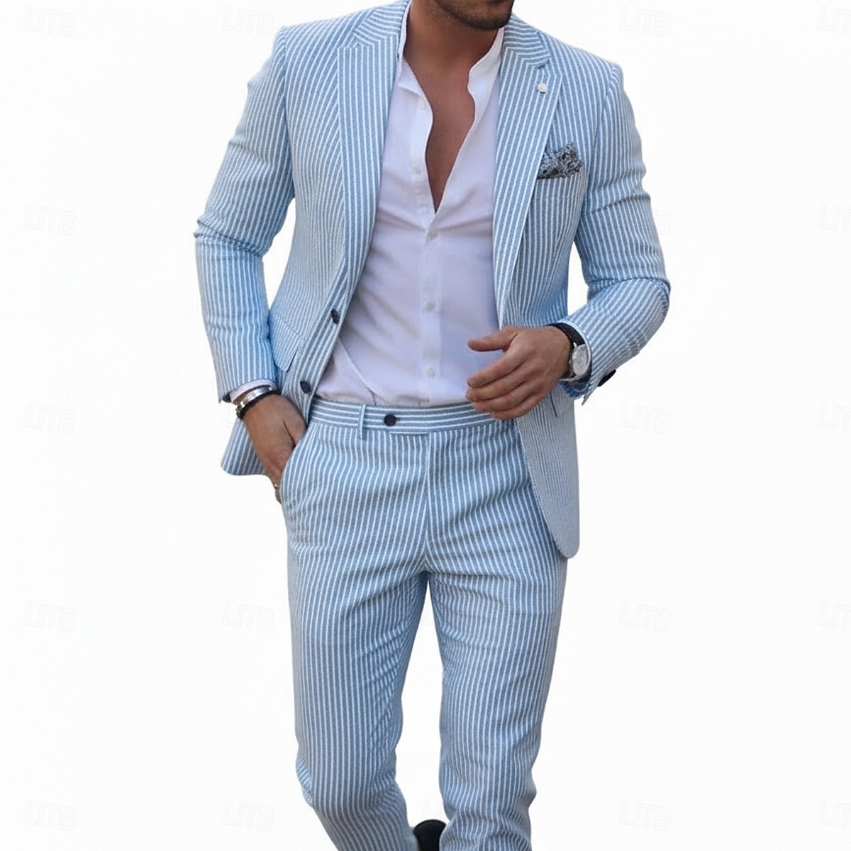 Мужские повседневные пляжные свадебные пиджаки с узором зебра розовые небесно-голубые модные легкие полосатые приталенные 2-х предметные с единственной пуговицей на два кнопки 2026 - $109.99 –P4