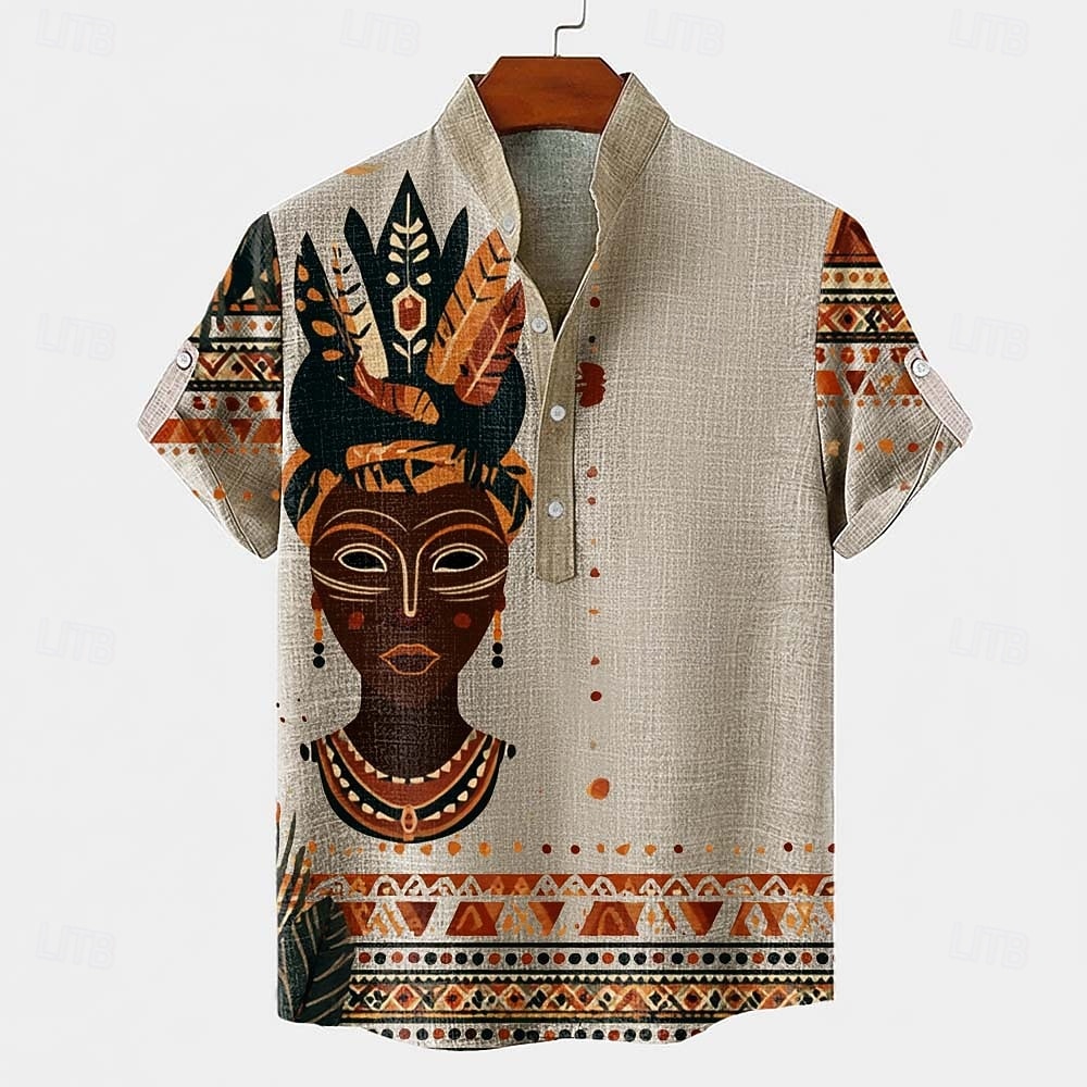 Herr Etik / afrikansk Urfolk Skjorta Button Down skjorta Kortärmad Vintage retro Helgdag Ledigt / vardag Sommar Vår Kinakrage Henley krage 3D-utskrift Linne som skjorta 다크 카키 Svart Grön Kaki 2026 - $25.99 –P2