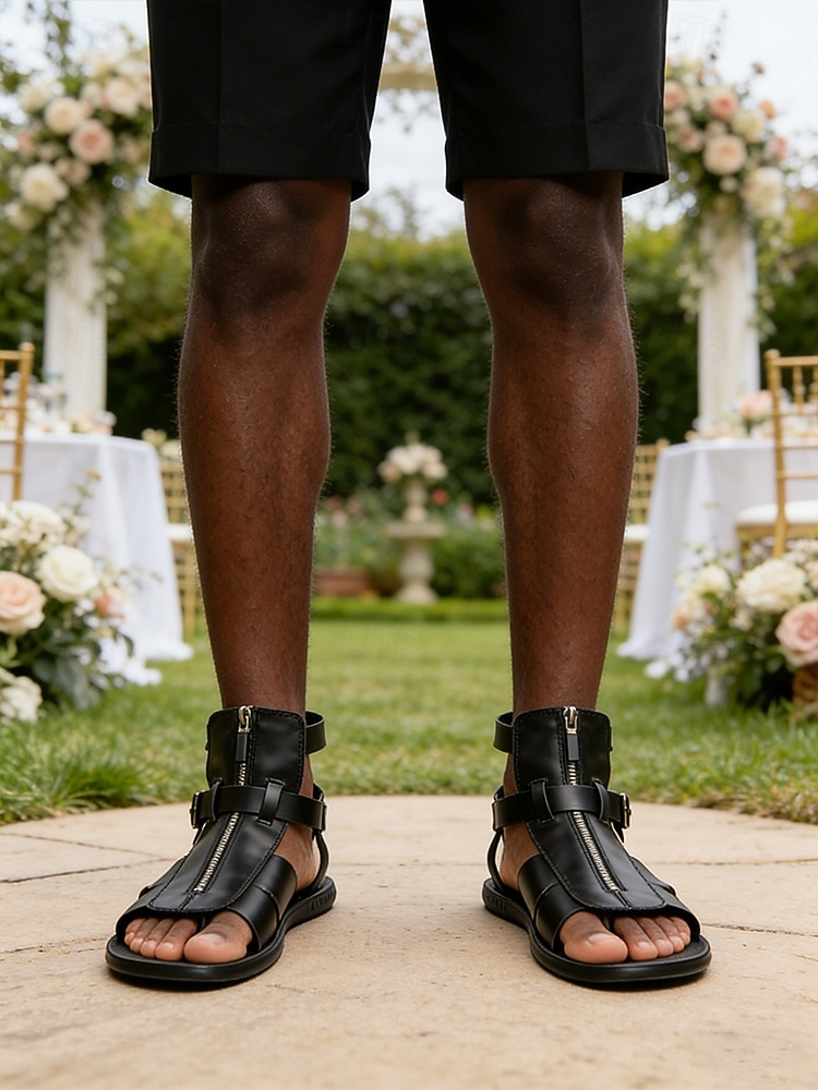 Men's Black Faux Leather Open-Toe Sandals, Buckle Strap Design, Comfortable Support, Casual Elegant Style for Beach Wedding Guests 2026 - $42.99 –P3