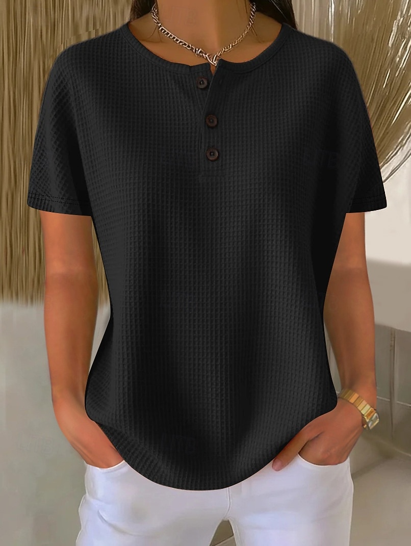 בגדי ריקוד נשים אוברסייז חולצה קצרה טי שירטס טופים מארג וויפל כפתור קדמי אחיד אופנתי מסוגנן קלסי שרוולים קצרים צווארון עגול קצר הנלי חולצות רגילות יומי ליציאה סוף שבוע לבן כתום קיץ אביב 2026 - CLP $26680 –P8