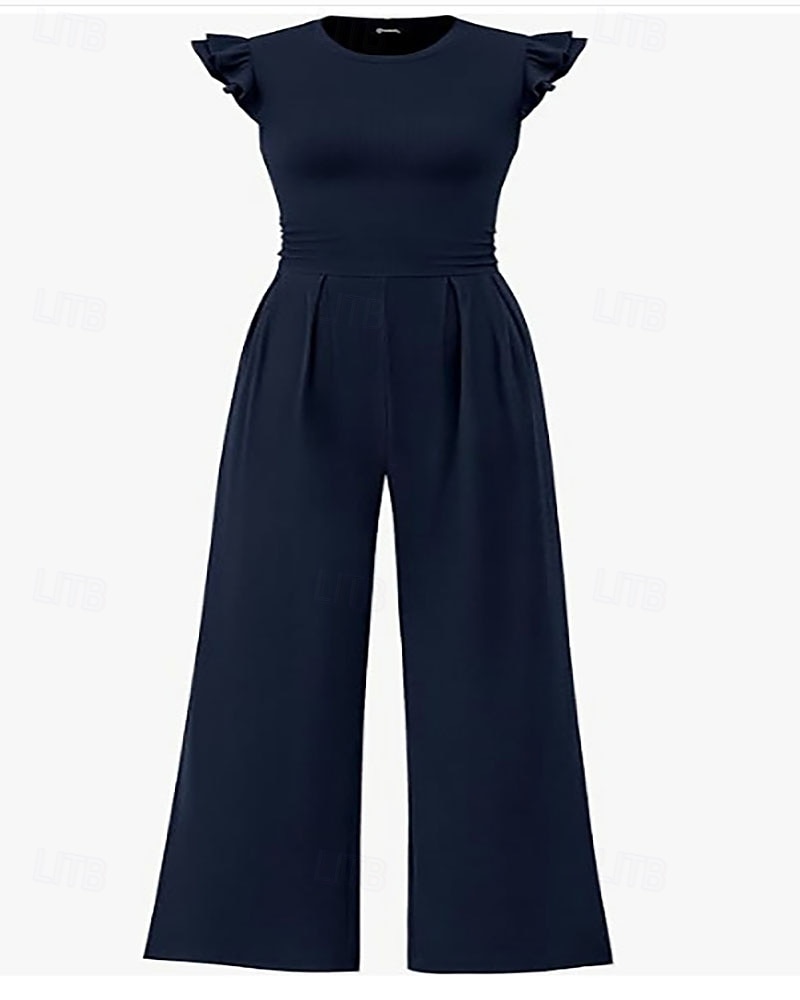 2026年 女性用 ジャンプスーツ 活発的 純色 ノースリーブ ワイドレッグ ラウンドネック ラッフル ポケット 日常 バケーション レギュラー ブラック ネイビーブルー 春  コレクション – $35.99 –P3