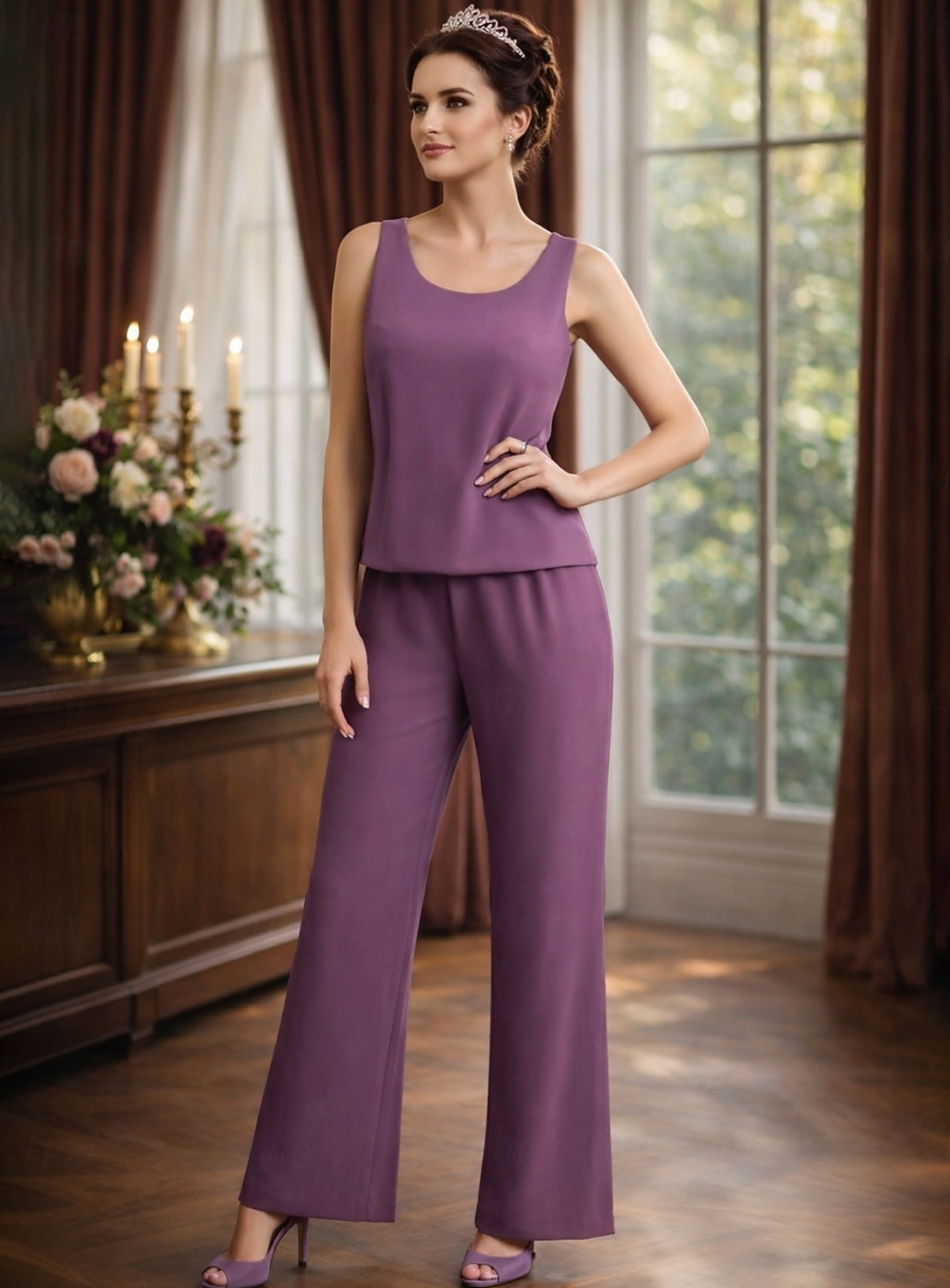 Pantsuit Floor Length Mother of the Bride Dress Long Sleeve Jewel Neck Elegant Simple Wedding Guest Formal Evening Wedding Party Chiffon with Solid Color 2026 - E£8341.54 –P3