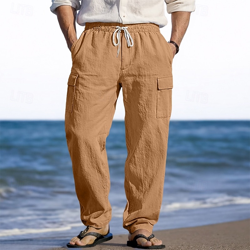 Herr Linne Byxor Långbyxor Sommarbyxor Strandbyxor Snörning Elastisk midja Flera fickor Slät Lättvikt Andningsfunktion Fullängd Ledigt Dagligen Helgdag Semester Mode 다크 카키 Svart Microelastisk 2026 - $25.99 –P11