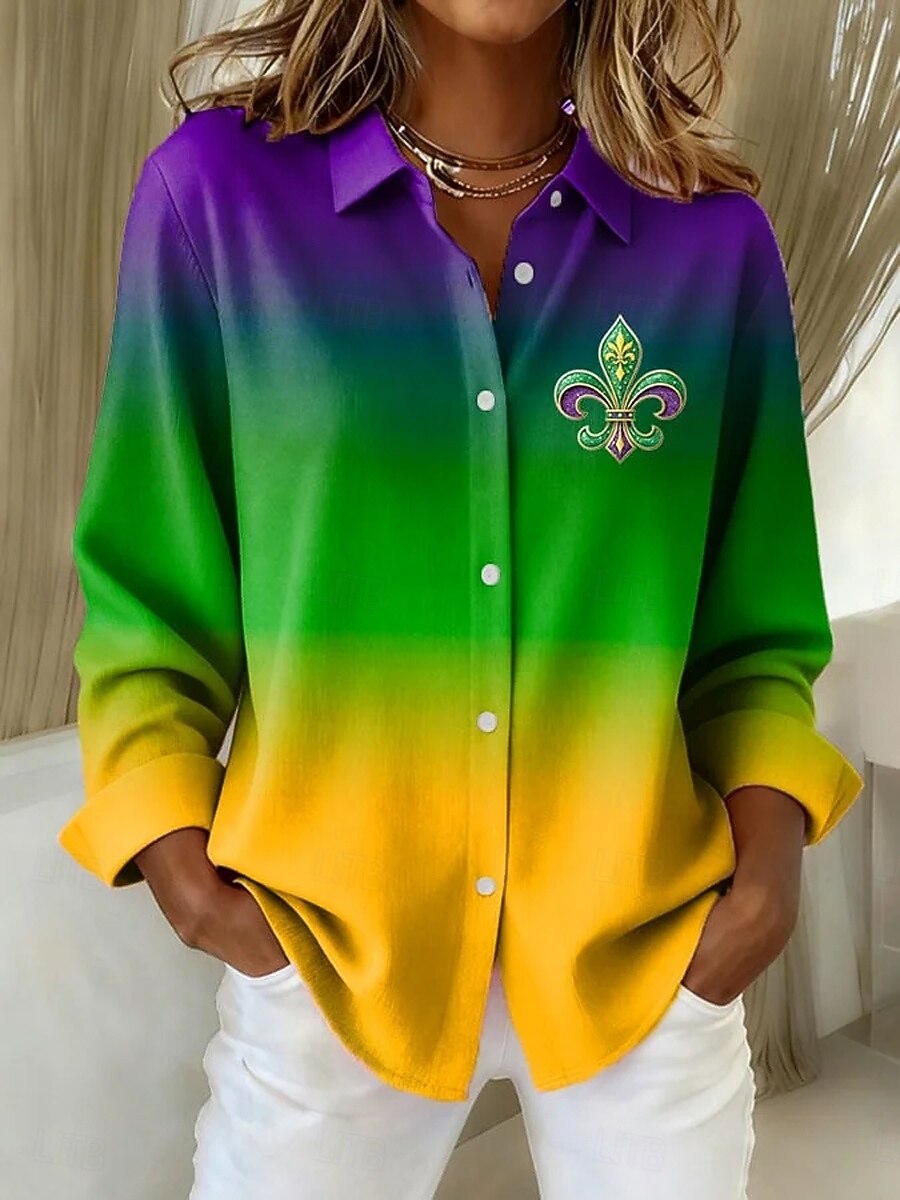 Carnival Mardi Gras Women's Shirt Blouse Patchwork Buttons Print Ombre Graphic Color Block Vintage Stylish Casual Long Sleeve Shirt Collar Regular Tops Daily White Purple Summer Spring Fall Winter 2026 - $32.99 –P1