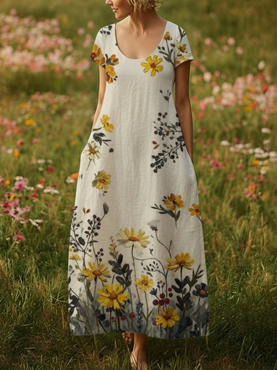 Mulheres Vestido maxi longo Vestido Boho Vestido casual Vintage Diário Ao ar livre Praia Ajuste Largo Floral Manga Curta Decote U Bege Verão Primavera de 2026 por $28.99 –P2