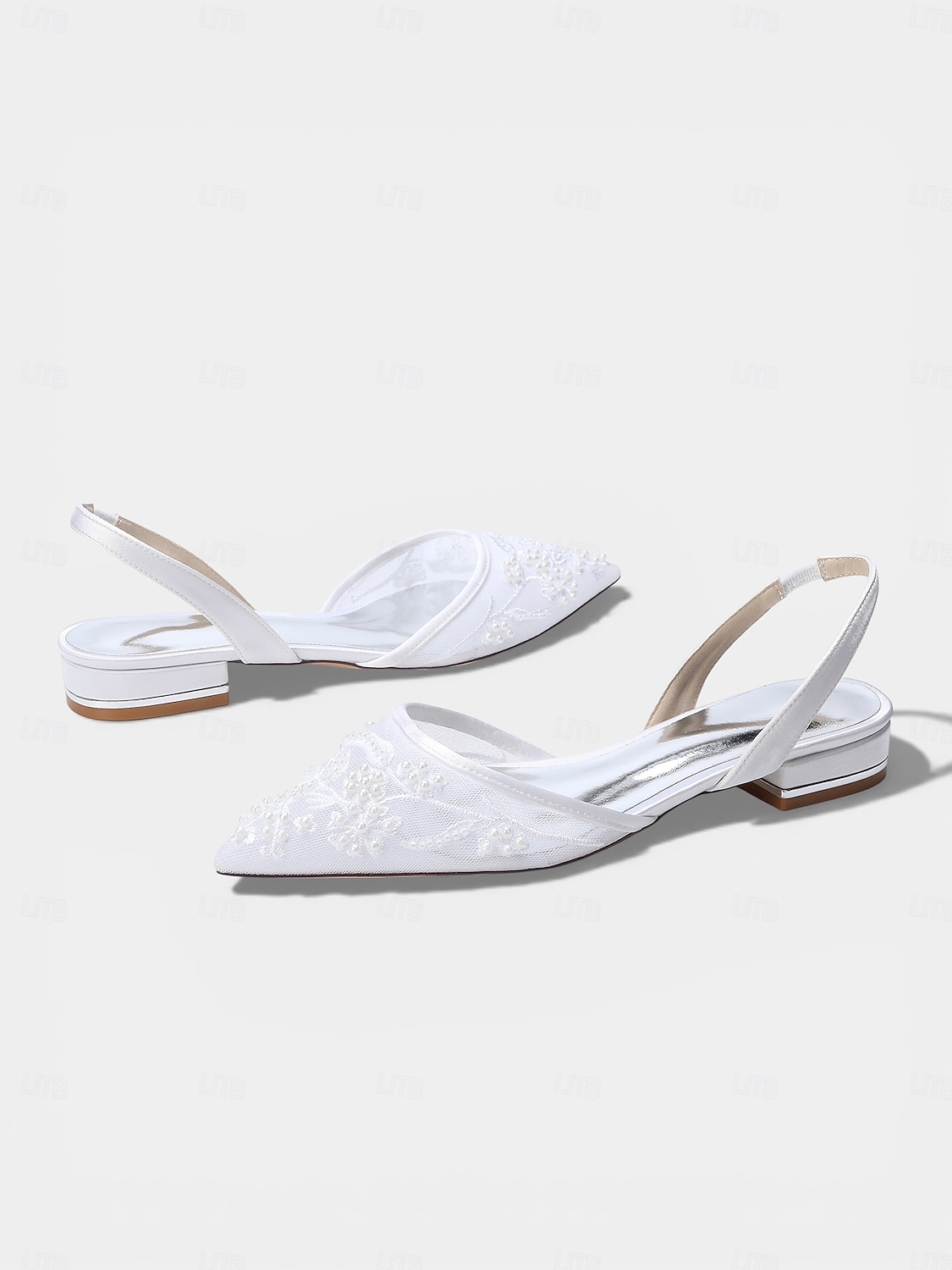damskie granatowe, siateczkowe, płaskie buty typu slingback, zdobione perłami, ze spiczastym noskiem, dla druhen na wesela w ogrodzie 2026 - $59.99 –P4