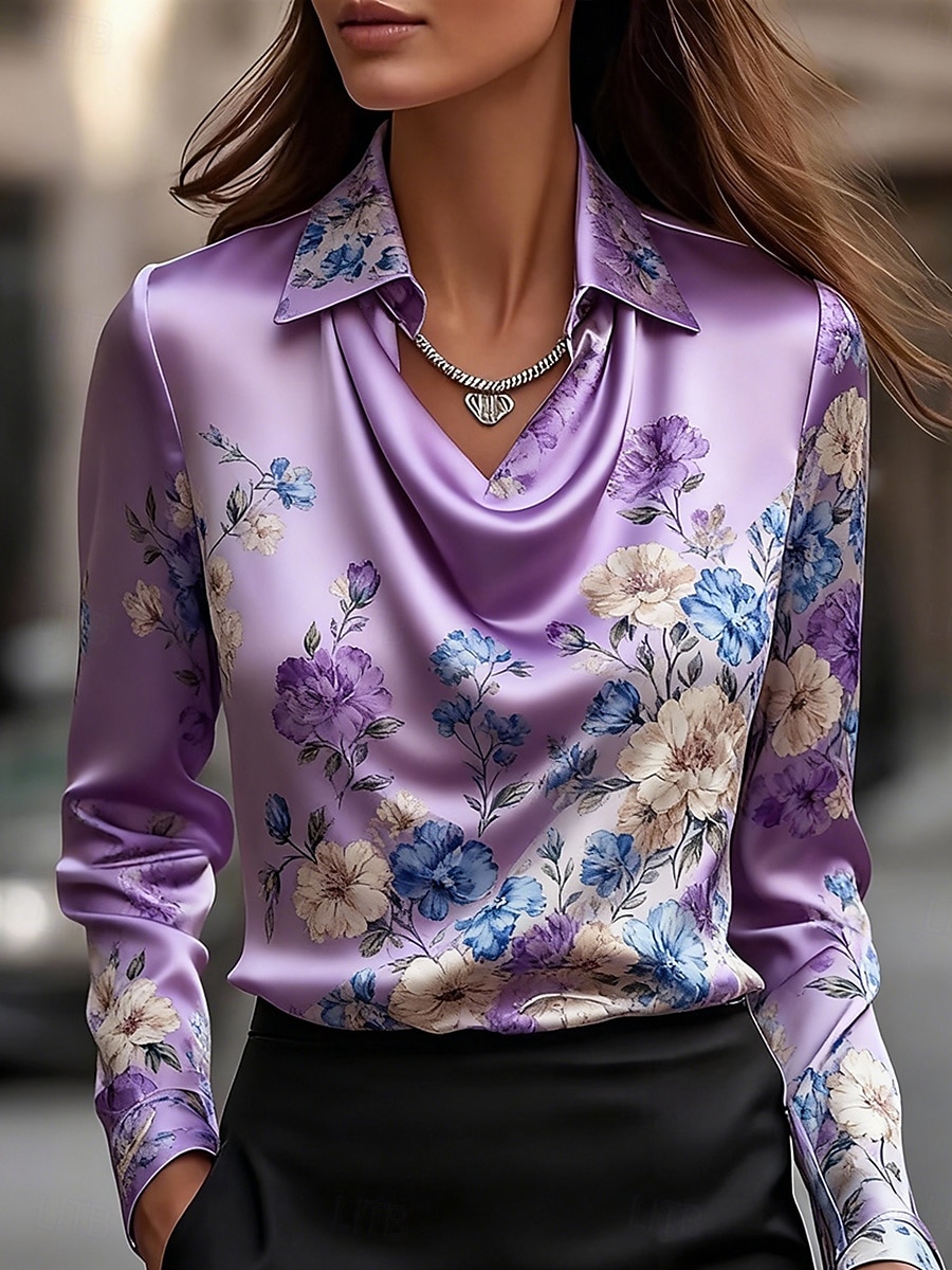 Damen Hemd Elegant Satin-Top Seiden-Oberteile Druck Drapiert Blumen Grafik Elegant Stilvoll Lässig Langarm Wasserfallausschnitt Normale Oberteile Täglich Arbeit Ferien Rosa Rote Purpur Regenbogen 2026 - $31.99 –P1