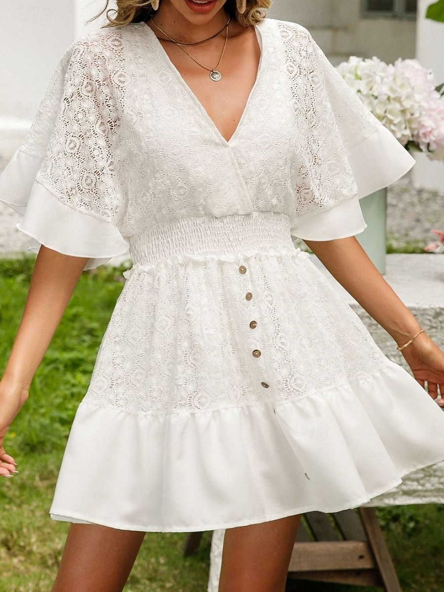 Women's Mini Dress A Line Dress Vacation Casual Outdoor Going out Regular Fit Solid Color 3/4 Length Sleeve V Neck Black White Pink Beige Summer Spring 2026 - €31.99 –P4