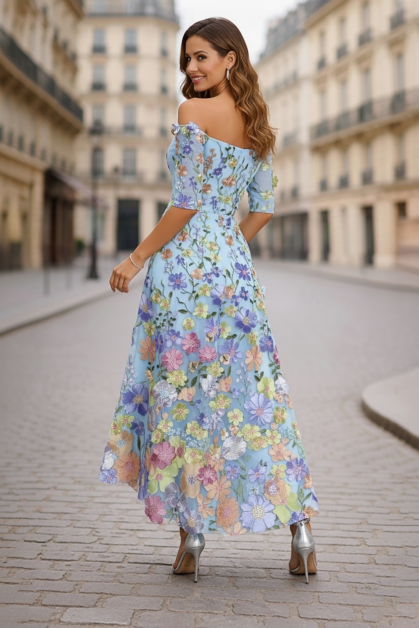 А-силуэт Ниже колена коктейльные платья Элегантный стиль Стиль знаменитостей Асимметричный крой Рукав до локтя С открытыми плечами Вечеринка в саду Свадьба Кружева с Вышивка Аппликации 2026 - $196.99 –P3