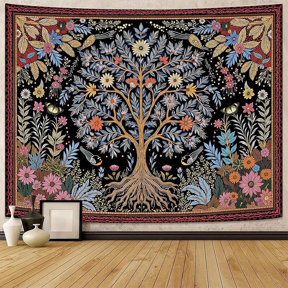 Tapeçaria de parede vintage estética com árvore da vida, fundo floral botânico da natureza, decoração boêmia para quarto, arte de parede grande para decoração de apartamento ou dormitório. de 2026 por $19.99 –P8