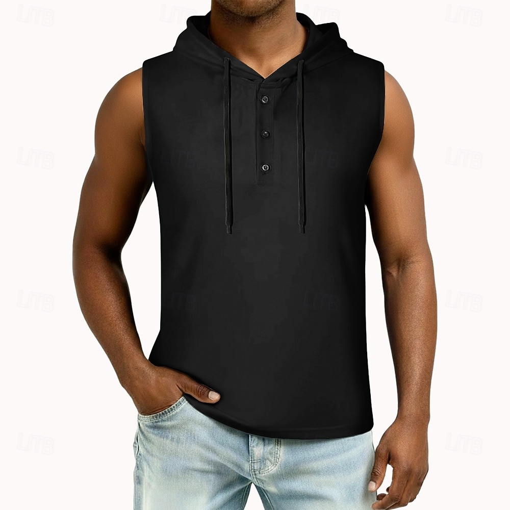 2026年 男性 ベストトップ ヘンリーパーカー ティートップ ノースリーブ フード付き 夏 純色 平織り ファッション デザイナー ベーシック ボタン フード付き カジュアル バケーション ストリート ブルー ブラック ホワイト メンズトップTシャツ  コレクション – $16.49 –P7