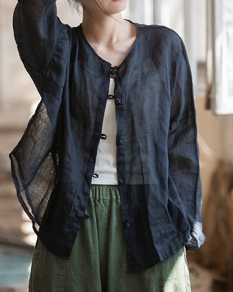 Camisa feminina 100% linho, blusa com botões, lisa, estilo vintage, manga longa, gola redonda, tops regulares para uso diário, férias, sair, nas cores preto, rosa, vermelho e verde, para verão e primavera. de 2026 por $45.99 –P8