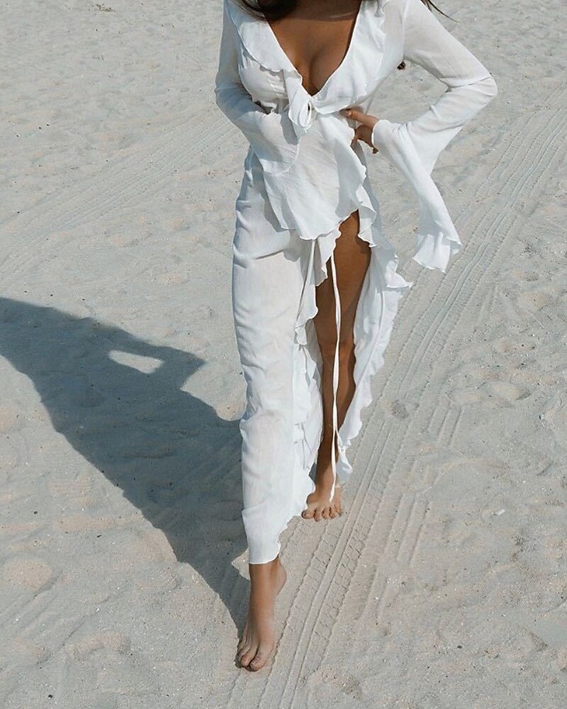 Dámské Plavky Přehozy Plavky Volány prázdniny Oblečení na pláž Bez vzoru Do V Dlouhý rukáv Plavky 2026 - $36.99 –P2