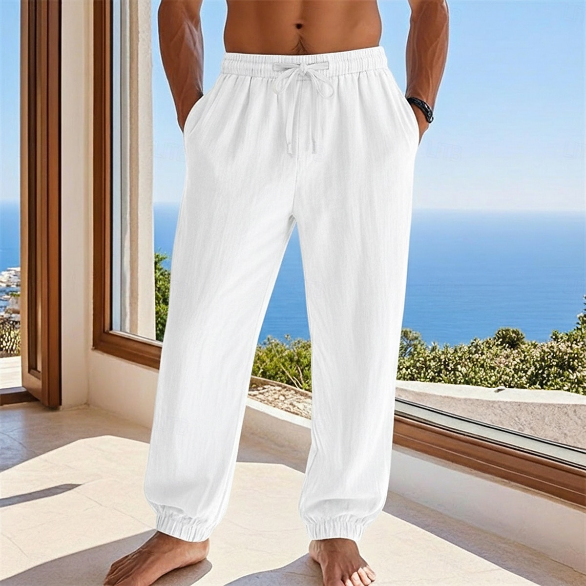 Homme Joggeurs Pantalons en Lin Pantalons Pantalon d'été Pantalons Amples Cordon de serrage Taille Élastique Uni Confort Léger Longueur complète Quotidien Plage Fête Vacances Mode Noir Blanche Non de 2026 ? $25.99 –P5