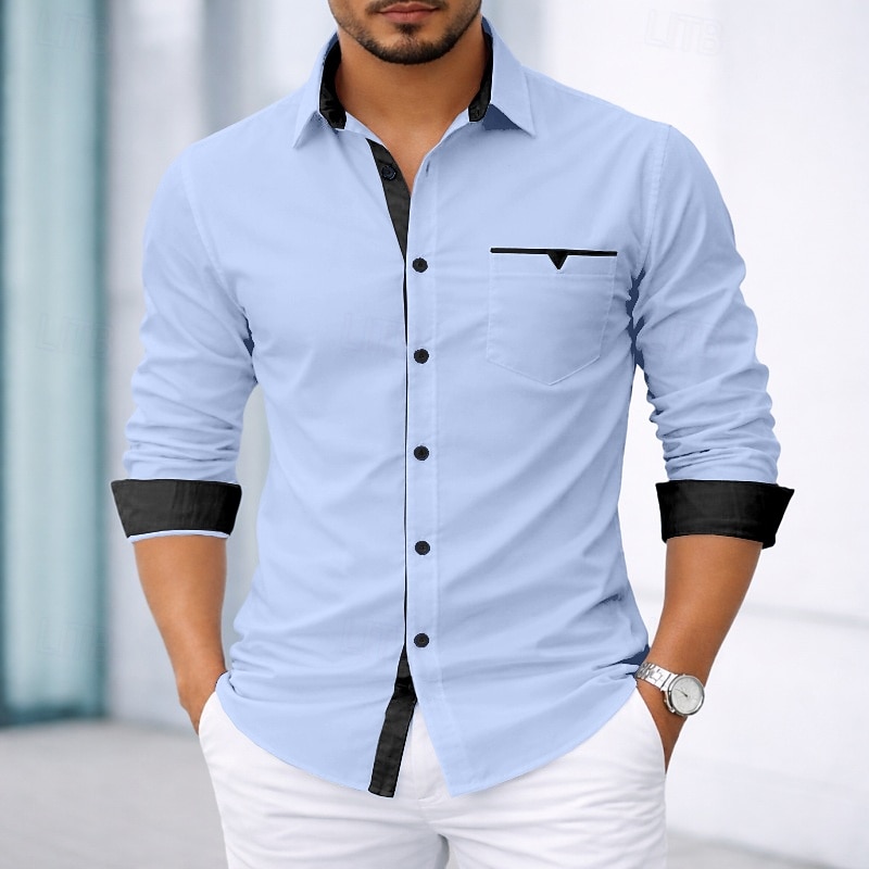 Per uomo Camicia Camicia elegante Camicia con Bottoni Tinta unica Quotidiano Affari Blu chiaro Nero Bianco Rosa Manica Lunga Collo ripiegato Tutte le stagioni Abbigliamento Patchwork del 2026 a $27.99 –P6