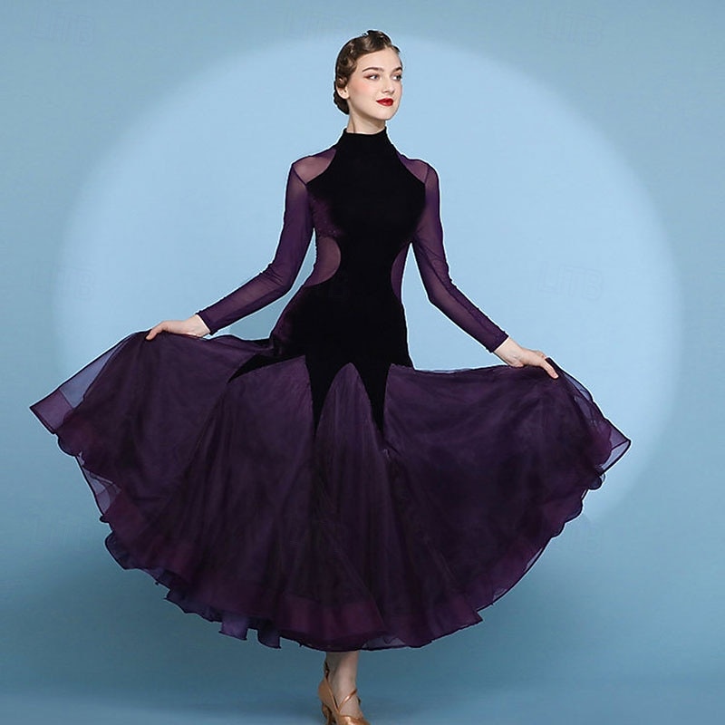 Damen-Ballsaalkleid, hochgeschlossen, langärmelig, mit Mesh-Einsätzen, Walzerkleid, Modern Standard, Wettkampf-Tanzbekleidung, lila 2026 - $150.99 –P4
