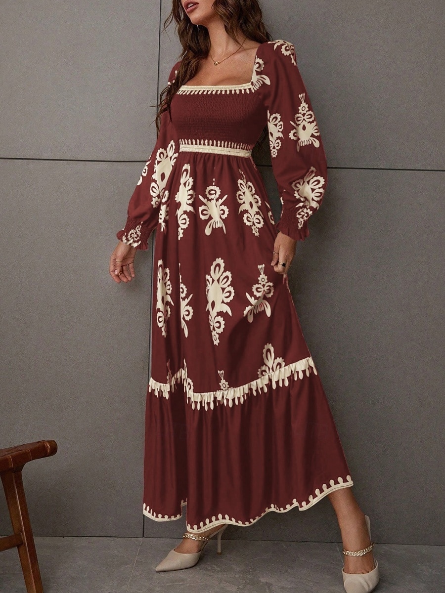 Mujer Vestido maxi Vestido de una línea Vestido de flores Elegante Moda Moderno Exterior Vacaciones Fiesta Ajuste regular Floral Manga Larga Escote Cuadrado Negro Burdeos Marrón Albaricoque Primavera 2026 - $41.99 –P13