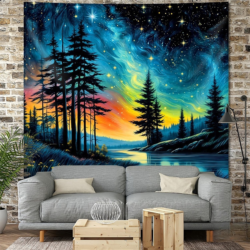 Tapiz de auroras boreales, noche estrellada, bosque, colgante de pared, paisaje natural psicodélico para dormitorio, sala de estar, sala de yoga, espacio de meditación, decoración 2026 - $20.99 –P1