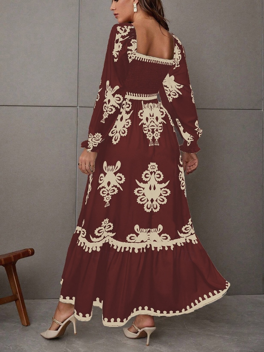 Mujer Vestido maxi Vestido de una línea Vestido de flores Elegante Moda Moderno Exterior Vacaciones Fiesta Ajuste regular Floral Manga Larga Escote Cuadrado Negro Burdeos Marrón Albaricoque Primavera 2026 - $41.99 –P12