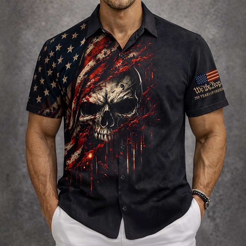 Hombre Cráneos 4 de julio, 250 aniversario de Estados Unidos Bandera de EE. UU. Camisa Abotonar la camisa Manga Corta Patriótico Exterior Festivos Verano Primavera Cuello Vuelto Impresión 3D camisas 2026 - $25.99 –P1