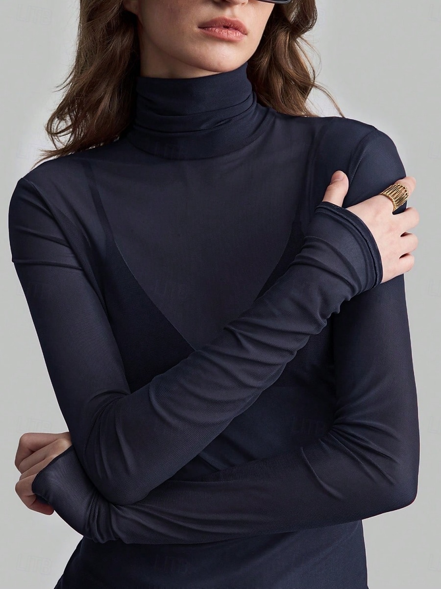 Per donna Blusa Patchwork Rete Tinta unica Elegante Classico Moderno Manica Lunga Dolcevita Top Regolari Quotidiano Ferie Uscire Blu Nero Rosso Marrone Verde Estate Primavera Autunno Inverno del 2026 a $25.99 –P3