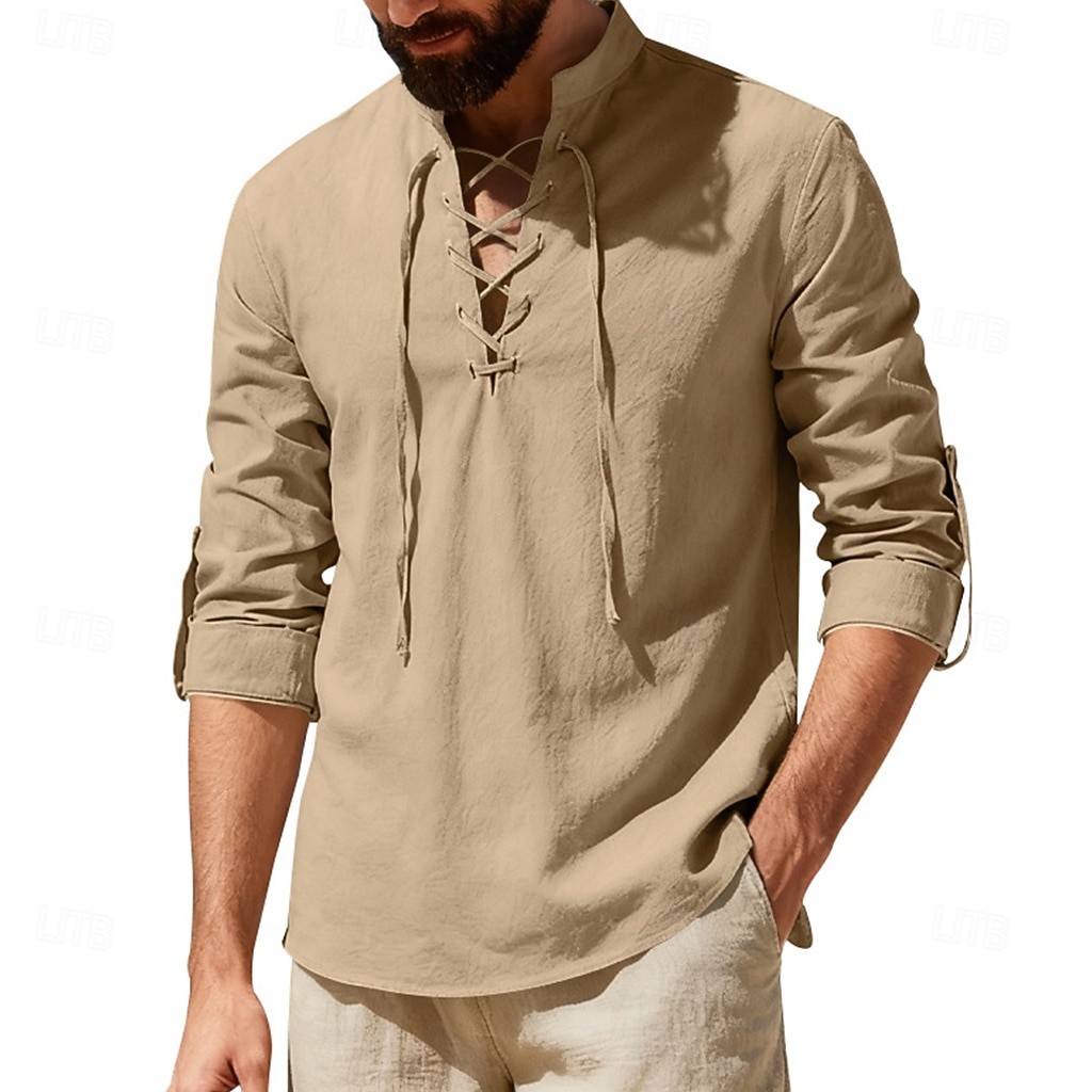 Муж. Рубашка Льняная рубашка Стиль Викингов Летняя рубашка Одежда для пляжа Рубашка с воротником-стойкой Сплошной цвет Повседневные Отпуск Черный Белый Зеленый Цвет хаки Длинный рукав 2026 - $12.49 –P10