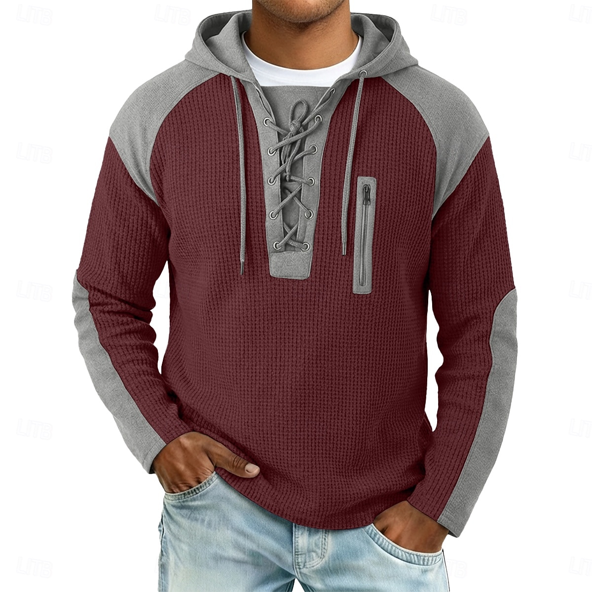 Per uomo Maglietta Waffle Maglietta Maglia Henley a nido d'ape Manica Lunga Con Cappuccio Collo con lacci Autunno Autunno & Inverno Tinta unica Testurizzato Tradizionale / Vintage Casual Coulisse del 2026 a $26.99 –P6