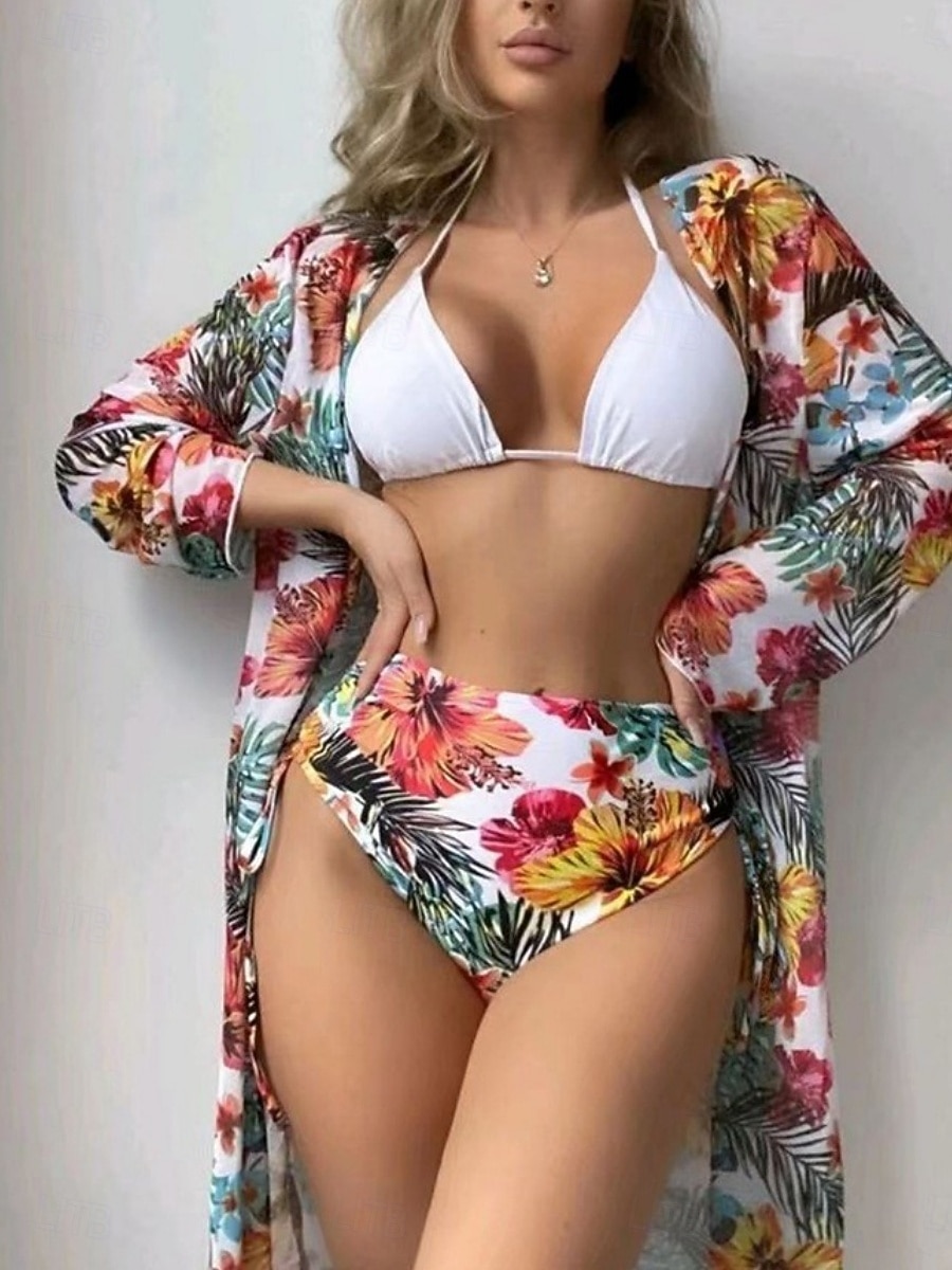Damskie Stroje kąpielowe Bikini Trzyczęściowy Majtki Kostium kąpielowy Szczupła Odkryte plecy Urlop Stroje plażowe Kwiaty Kantarka Długi rękaw Kostiumy kąpielowe 2026 - $26.99 –P3