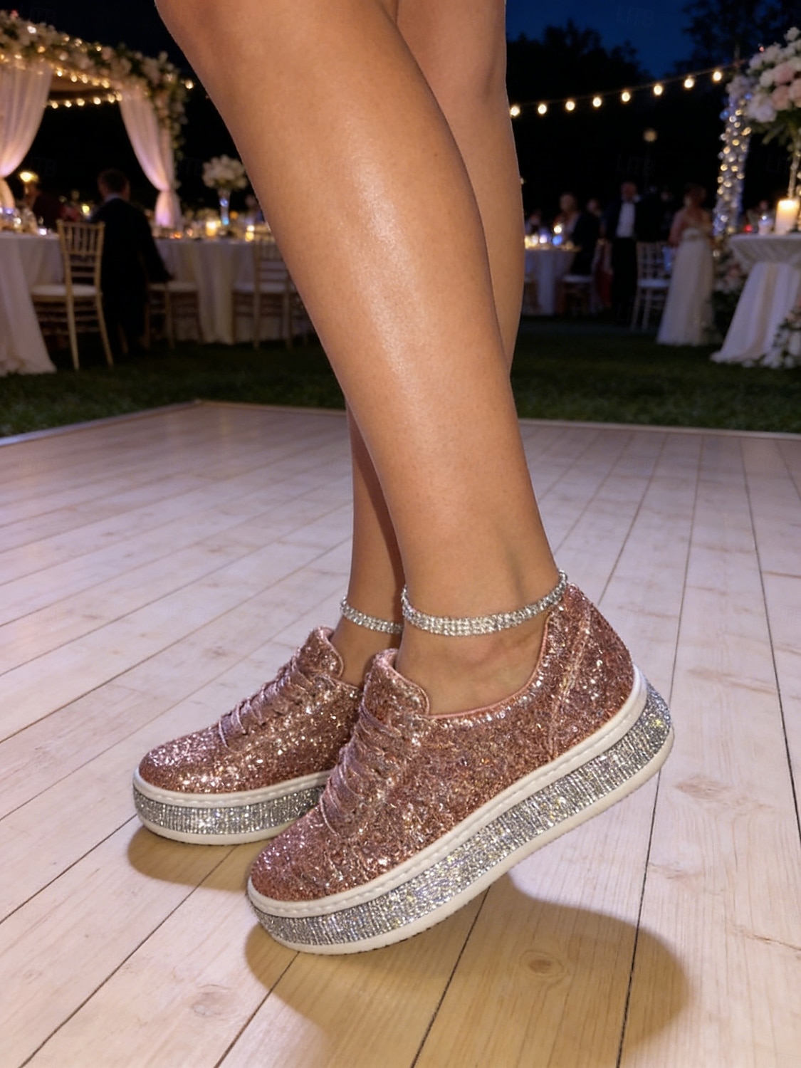 Tênis plataforma feminino com glitter rosé gold, calçado de festa com sola de strass para a noite. &festa pós-casamento de 2026 por $29.99 –P2