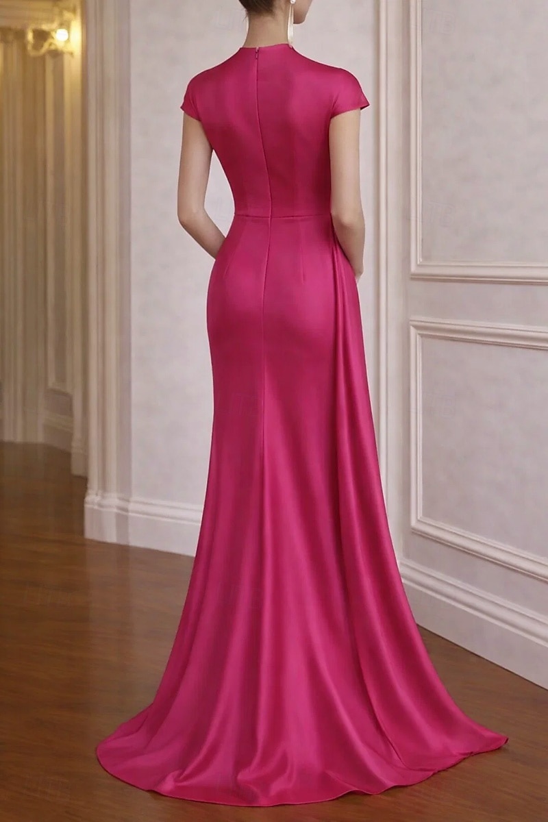 Abito da ballo Strascico a Terra Abito da Sera Abito da ballo con sopragonna Elegante Manica a Cappuccio Scollo a V Matrimonio Formale Raso Elasticizzato con Fiori 3D Pieghe del 2026 a $182.99 –P2