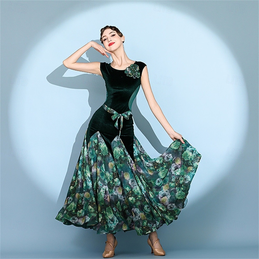 Robe de bal rouge en velours pour femme, sans manches, à imprimé floral, jupe ample, style valse, tango, moderne, standard, compétition. de 2026 ? $154.99 –P4