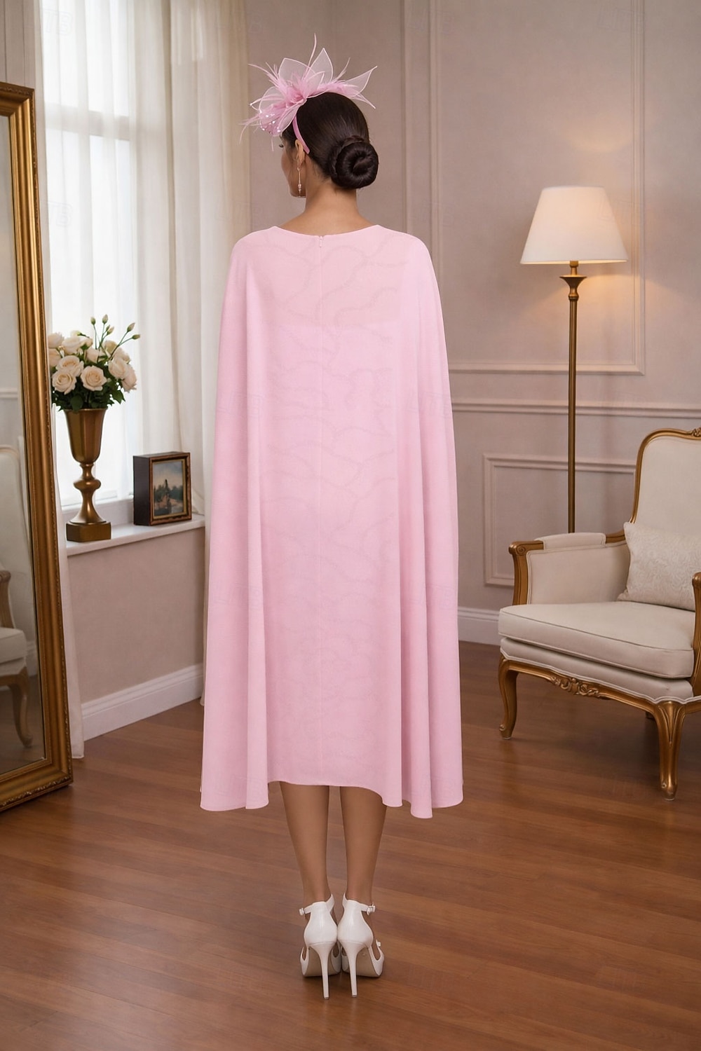 Trompet zeemeermin Over de knie Cocktail jurk Bruiloft gast jurk Baljurk met cape Elegant Semi-formele jurken Casual / Overdag Bruiloft Halve mouw V-hals Formeel Cocktailparty Chiffon Kant met Kant 2026 - $206.99 –P3