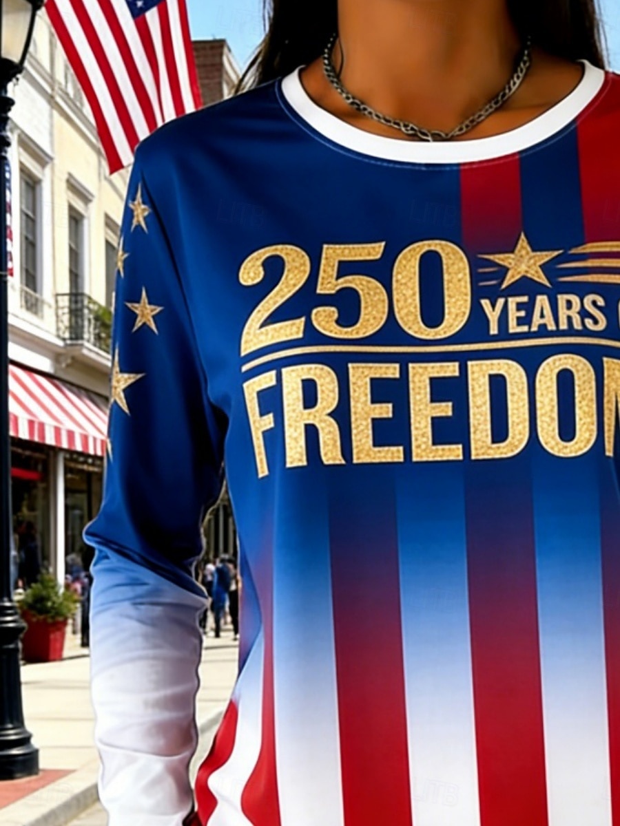 Amerikansk uavhengighetsdag Dame T skjorte T-skjorte Trykt mønster Grafisk Stripet Mote Stilfull Grunnleggende Langermet Crew-hals Vanlige topper Daglig Ut på byen Helg Blå Sommer Vår Høst 250th 2026 - $19.49 –P2