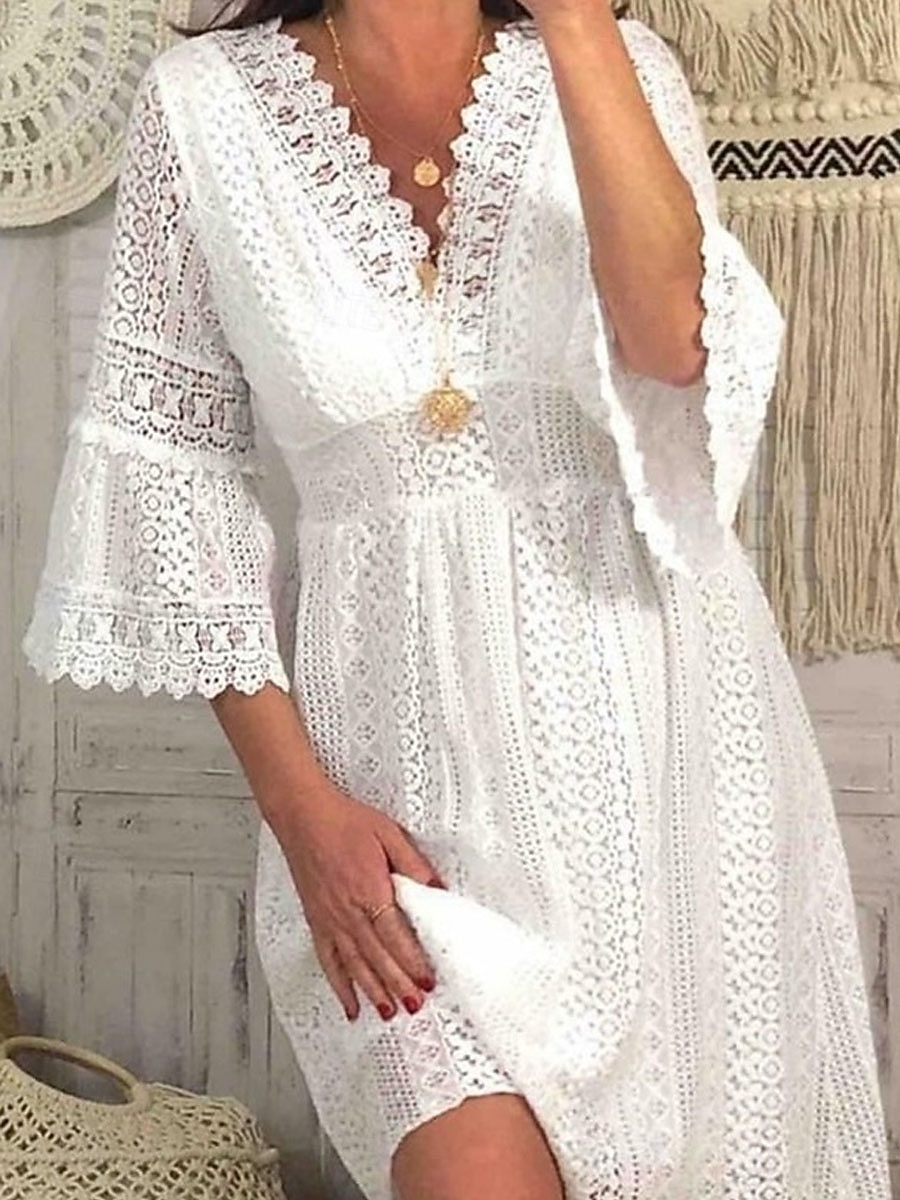 Mujer Vestido hasta la Rodilla Vestido blanco Vestido de encaje Elegante Vintage Moda Manga de la llamarada Diario Exterior Playa Ajuste regular Plano Manga 3/4 Escote en Pico Blanco Albaricoque 2026 - $42.99 –P1