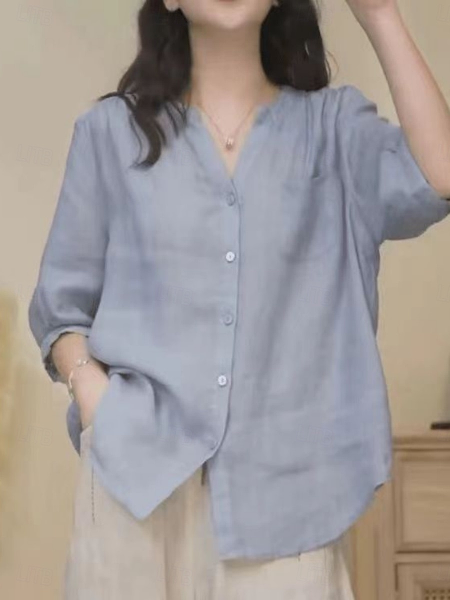 Per donna Camicie effetto lino Tasca Tinta unica Quotidiano Essenziale Casual Manica Lunga Scollo a V Top Regolari Quotidiano Blu Bianco Blu marino Arancione Verde Estate Primavera Autunno del 2026 a $21.99 –P3