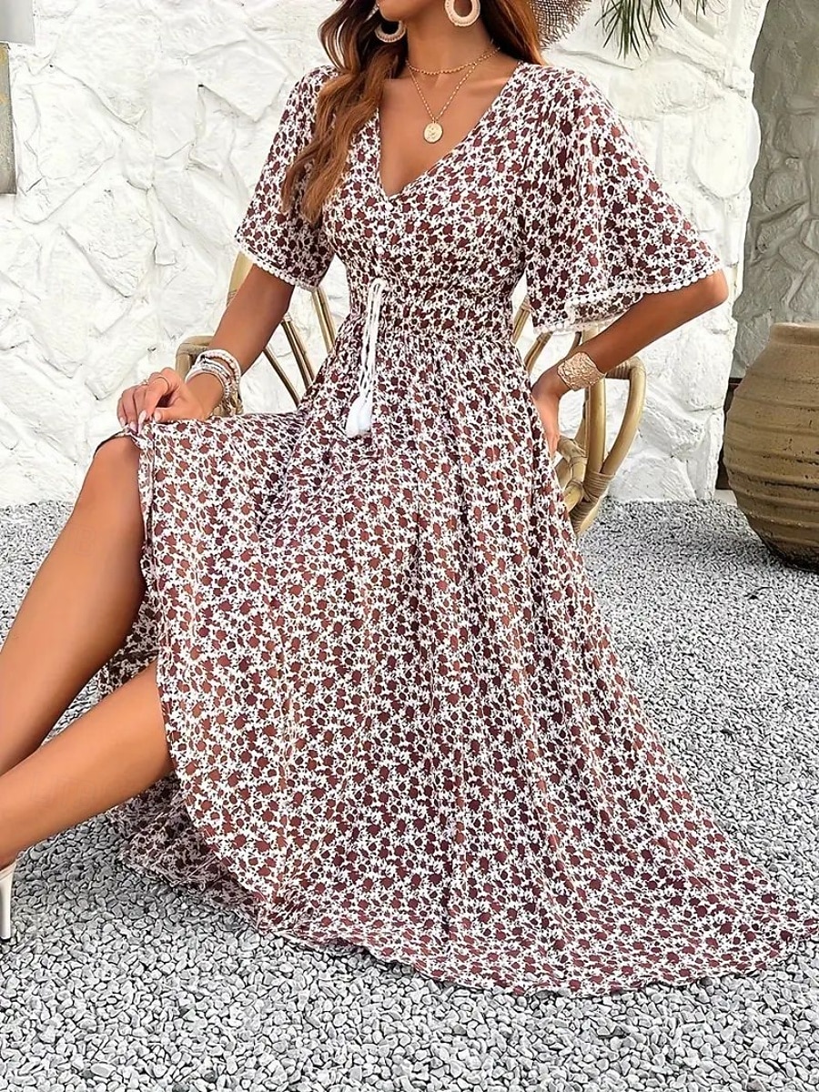 Women's Long Dress Maxi Dress A Line Dress Floral Dress Elegant Fashion Modern Daily Outdoor Vacation Regular Fit Floral Short Sleeve V Neck Blue Black Brown Summer Spring 2026 - $34.99 –P17