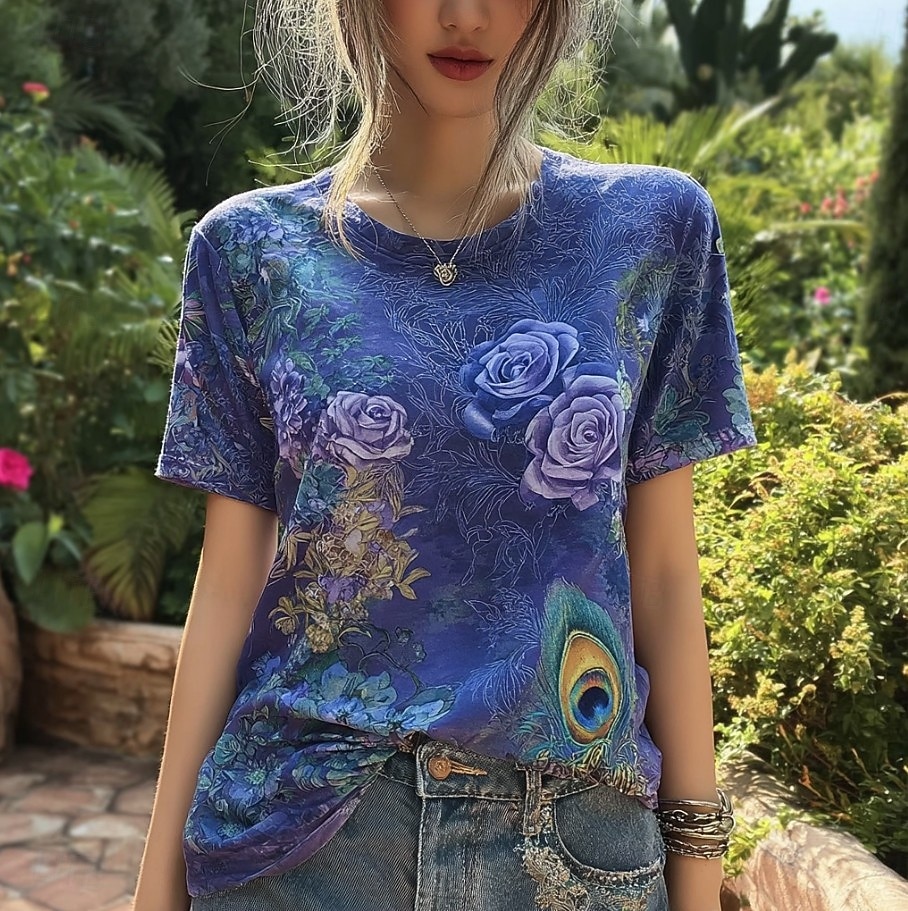 Women's T Shirt Print Floral Graphic Plants Vintage Stylish Classic Short Sleeve Crew Neck Regular Tops Daily Weekend Blue Purple Summer Spring 2026 - $22.99 –P2