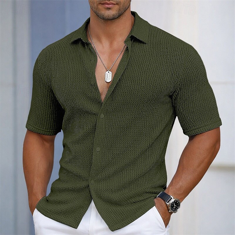 Men's Shirt Texture Casual Shirt Button Up Shirt Light Blue Short Sleeve Plain Shirt Collar Casual Daily Hollow Out Clothing Apparel Elegant Fashion Casual 2026 - $32.99 –P4