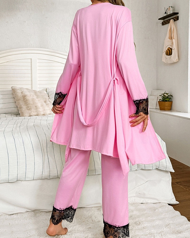 Women's Loungewear Robe Pajama Set Fashion Luxury Casual Pure Color Lace Elastic Waist Pant Home Vacation Long Sleeve V Neck Black Pink Wine Navy Blue Summer Spring Fall Regular Fit 2026 - $45.99 –P3