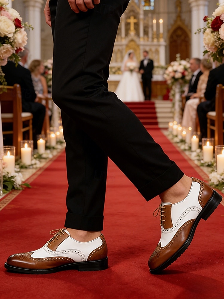 scarpe eleganti da uomo bicolore, stile oxford marrone e bianco, design con lacci, look vintage elegante per matrimoni e occasioni formali del 2026 a $34.99 –P3