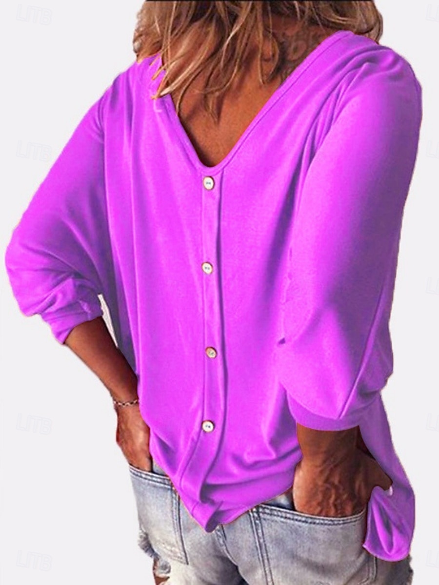 T-Shirt Donna Colore Unito Stile Casual Manica Lunga Collo a V Top Regolari Giornalieri Bottoni Blu Nero Bianco Vino Verde Militare Estate Primavera Autunno del 2026 a $19.99 –P7
