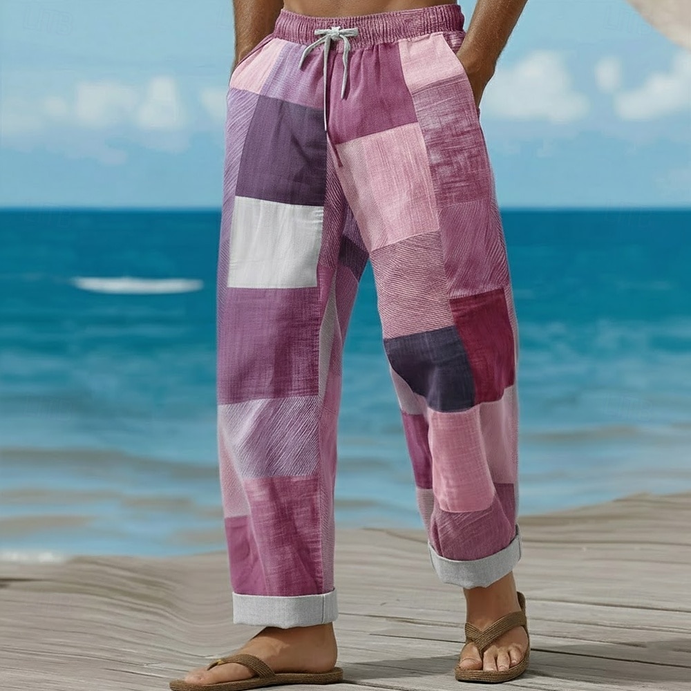 Men's Geometric Color Block Patchwork Trousers Baggy Pants Casual Pants Mid Waist Fashion Home Outdoor Vacation Elastic Drawstring Waist Linen-Like Pants with Pockets Summer Spring 3D Print Blue Pink 2026 - $27.99 –P2
