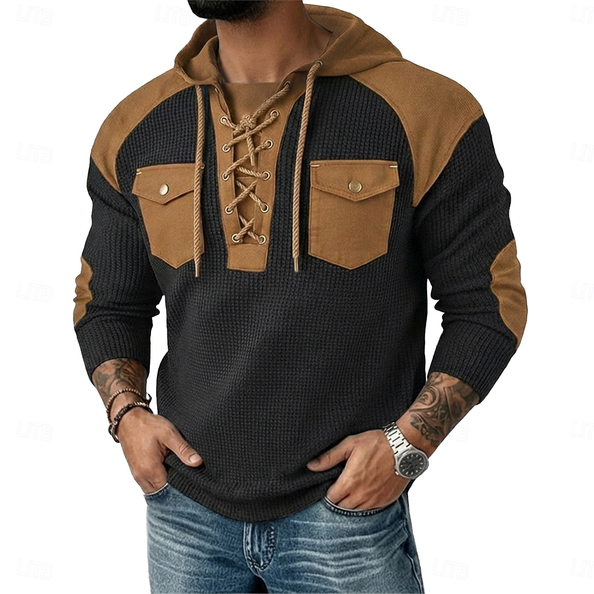 Hombre Camiseta con diseño de gofre Camiseta Camisa henley gofrada Manga Larga Con Capucha cuello con cordones Otoño invierno Primavera & Otoño Retazos Tradicional / Retro Casual Correa Casual Hogar 2026 - $26.99 –P5