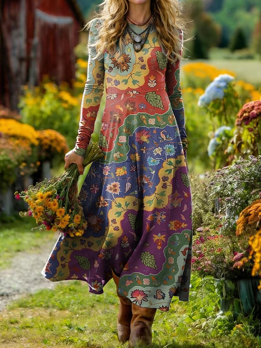 Rochie Midi pentru Femei Boho Rochie în Formă de A Fit și Flare Rochie Vacanță Casual Zilnic Ajustare Regulat Grafic Geometric Mâneci Lungi Gât Rotund Albastru Roz Violet Portocaliu Vară Primăvară 2026 - $37.99 –P1