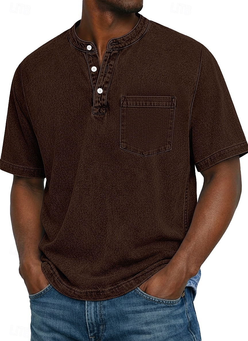 Herre Henly-skjorte 100% bomullssyre-vaskeskjorte T-skjorte T-skjorte Kortermet Ensfarget Retro / vintage Fritid Lomme Gammeldags stil Vasket Henley Avslappet Sommer Vår Høst Svart Rosa Lysegrønn 2026 - $31.99 –P9