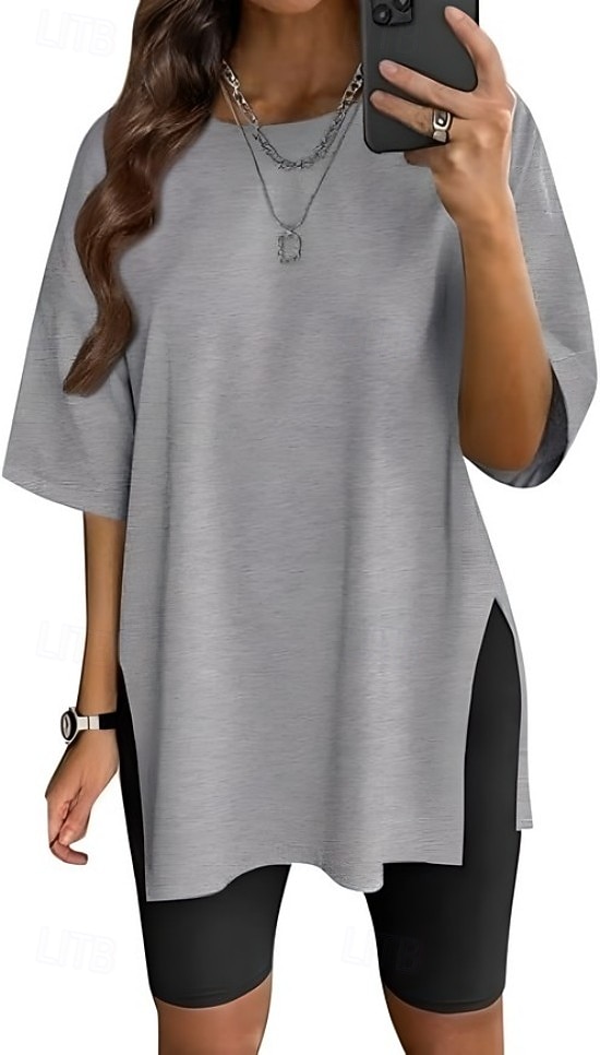 Dames T-shirt Zijsplit Effen Kleur Grafisch Modieus Klassiek Casual Korte mouw Strakke ronde hals Ronde hals Lange tops Dagelijks Uitgaan blauw Zwart Wit Lichtgroen Blozend Roze Zomer Lente 2026 - $21.99 –P3